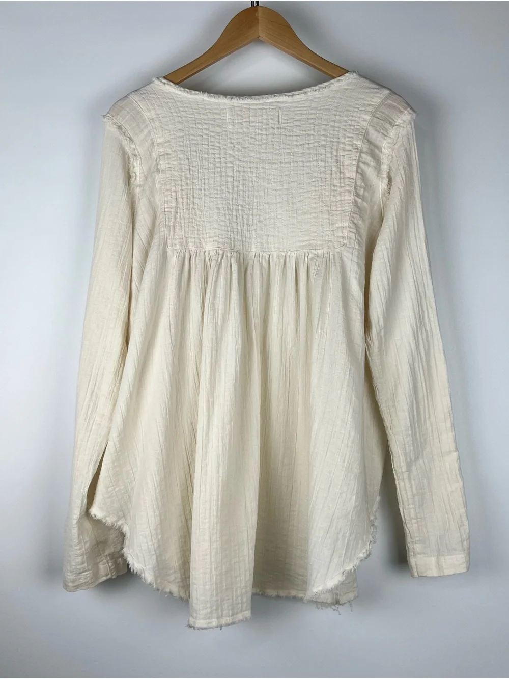 Free People Sand Dune Henley Oversized Tunic Top Boho Fringe Hem Cream Size L